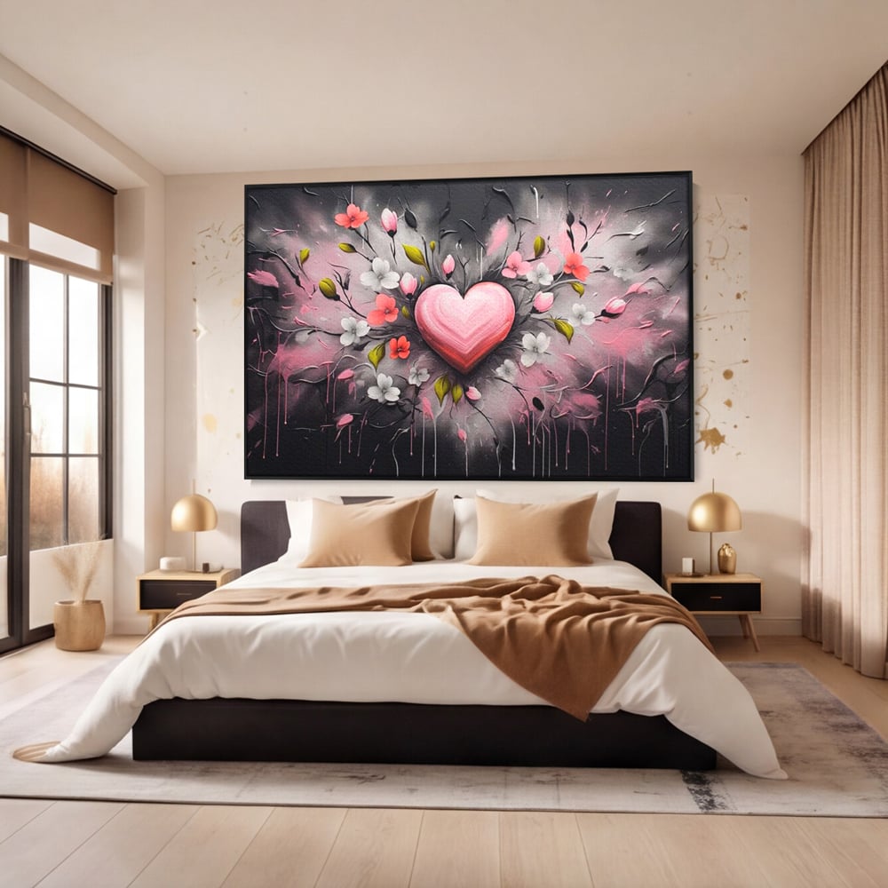 Tablou canvas cu tablou canvas cu inima roz si flori, in rama de aluminiu negru, pe perete intr-un dormitor